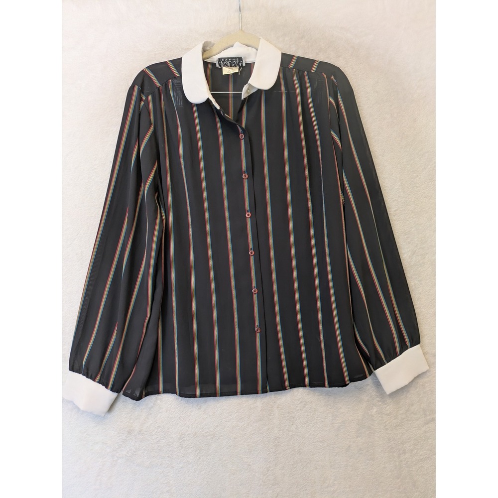 Exquisite Button Up Blouse Women's 14 Black Striped Peter Pan Collar